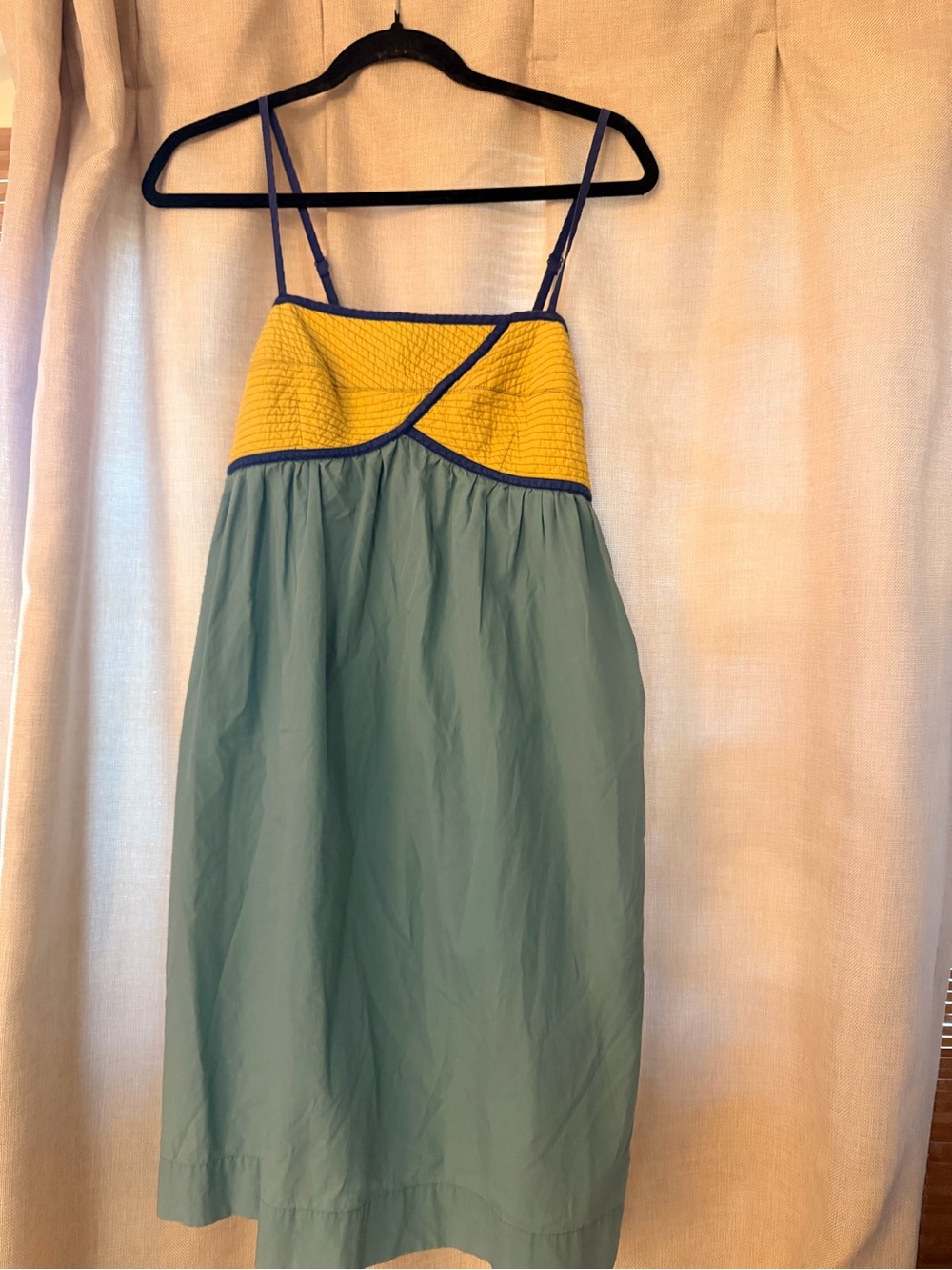 Anthropologie Yellow Quilted Bodice Teal Midi Sundress with Navy Trim